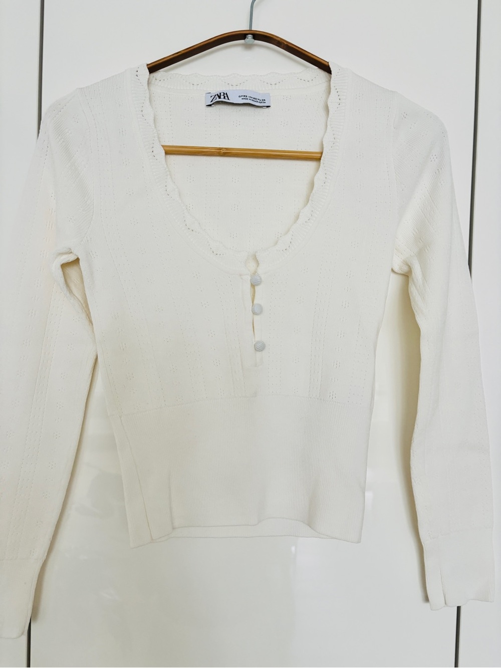 Zara Off-White Scalloped Henley Knit Long Sleeve Top